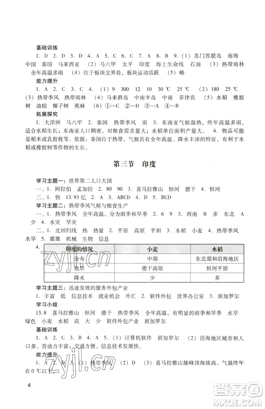 廣州出版社2023陽光學(xué)業(yè)評價(jià)七年級下冊地理人教版參考答案