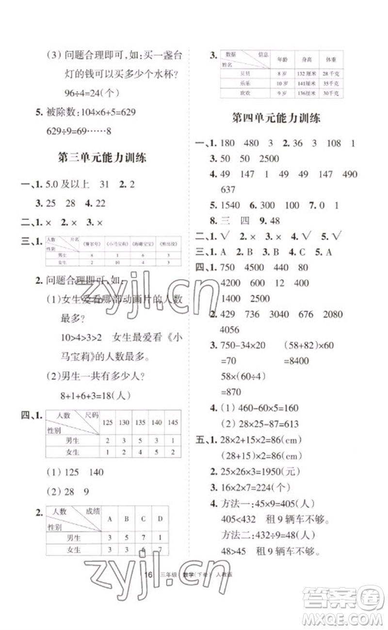 寧夏人民教育出版社2023學(xué)習(xí)之友三年級(jí)數(shù)學(xué)下冊(cè)人教版參考答案