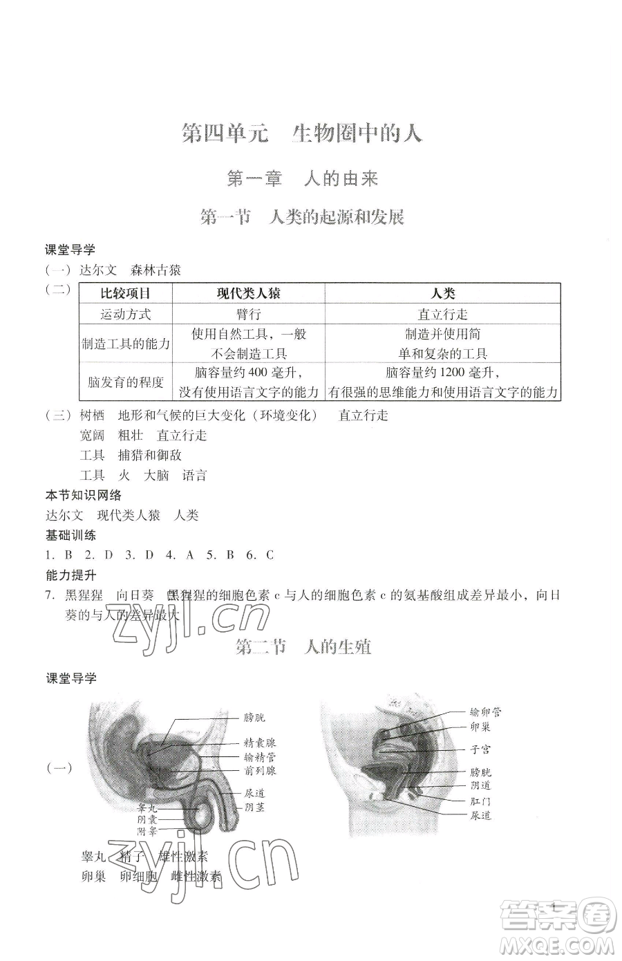 廣州出版社2023陽光學(xué)業(yè)評(píng)價(jià)七年級(jí)下冊(cè)生物人教版參考答案