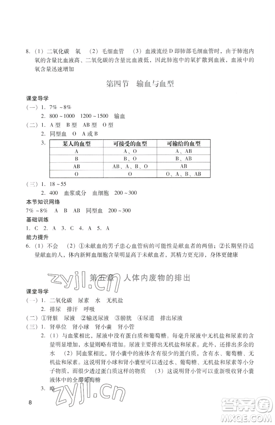 廣州出版社2023陽光學(xué)業(yè)評(píng)價(jià)七年級(jí)下冊(cè)生物人教版參考答案