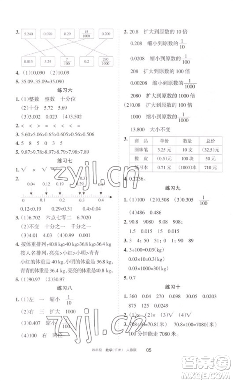 寧夏人民教育出版社2023學(xué)習(xí)之友四年級(jí)數(shù)學(xué)下冊(cè)人教版參考答案