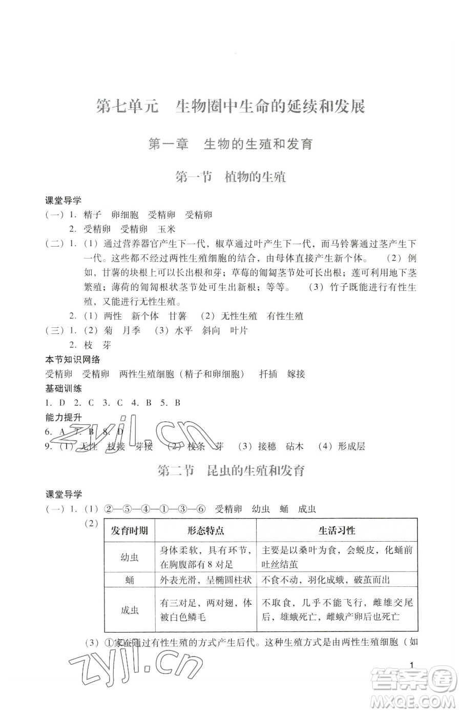 廣州出版社2023陽光學(xué)業(yè)評價(jià)八年級下冊生物人教版參考答案