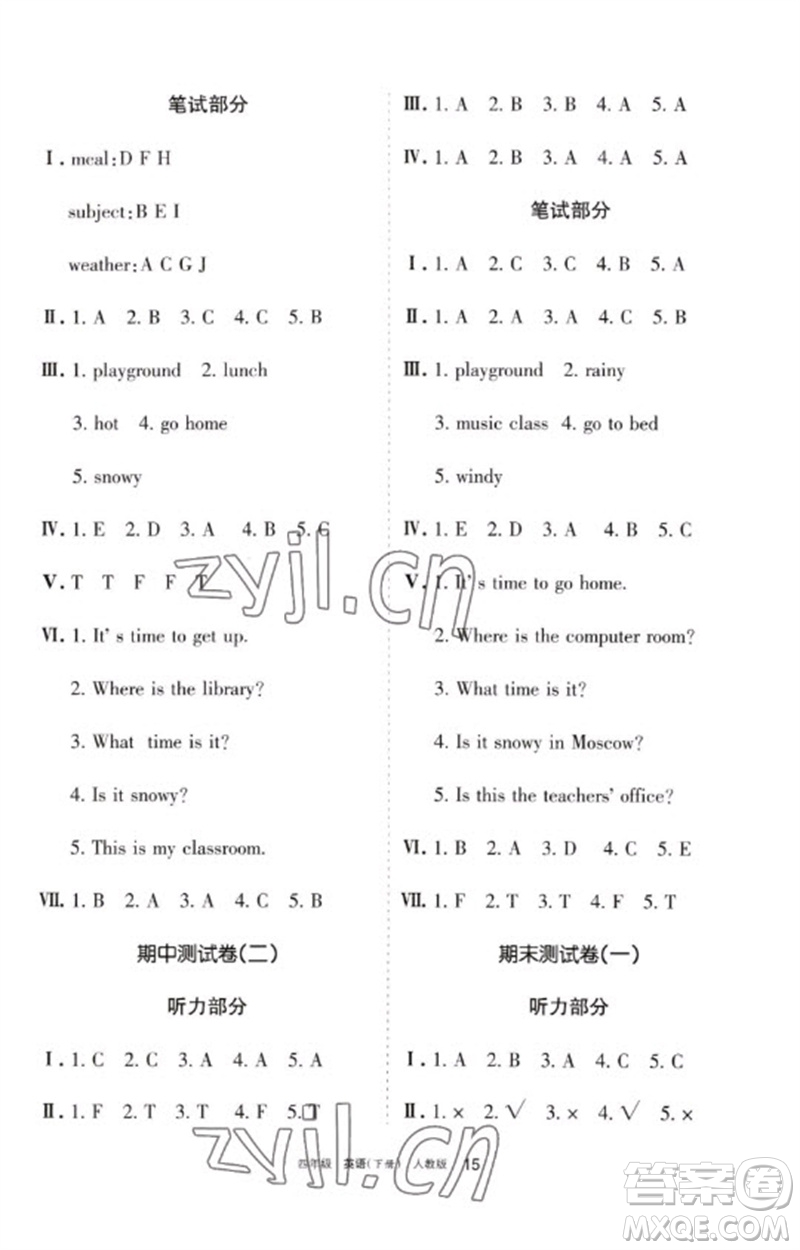 寧夏人民教育出版社2023學(xué)習(xí)之友四年級(jí)英語(yǔ)下冊(cè)人教PEP版參考答案