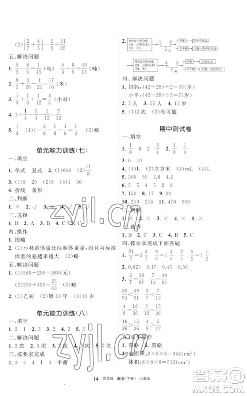 寧夏人民教育出版社2023學(xué)習(xí)之友五年級數(shù)學(xué)下冊人教版參考答案