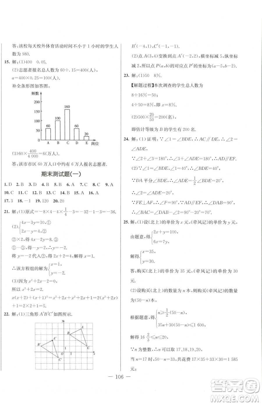 吉林教育出版社2023創(chuàng)新思維全程備考金題一卷通七年級(jí)下冊(cè)數(shù)學(xué)人教版參考答案