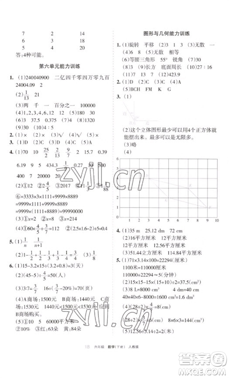 寧夏人民教育出版社2023學習之友六年級數(shù)學下冊人教版參考答案