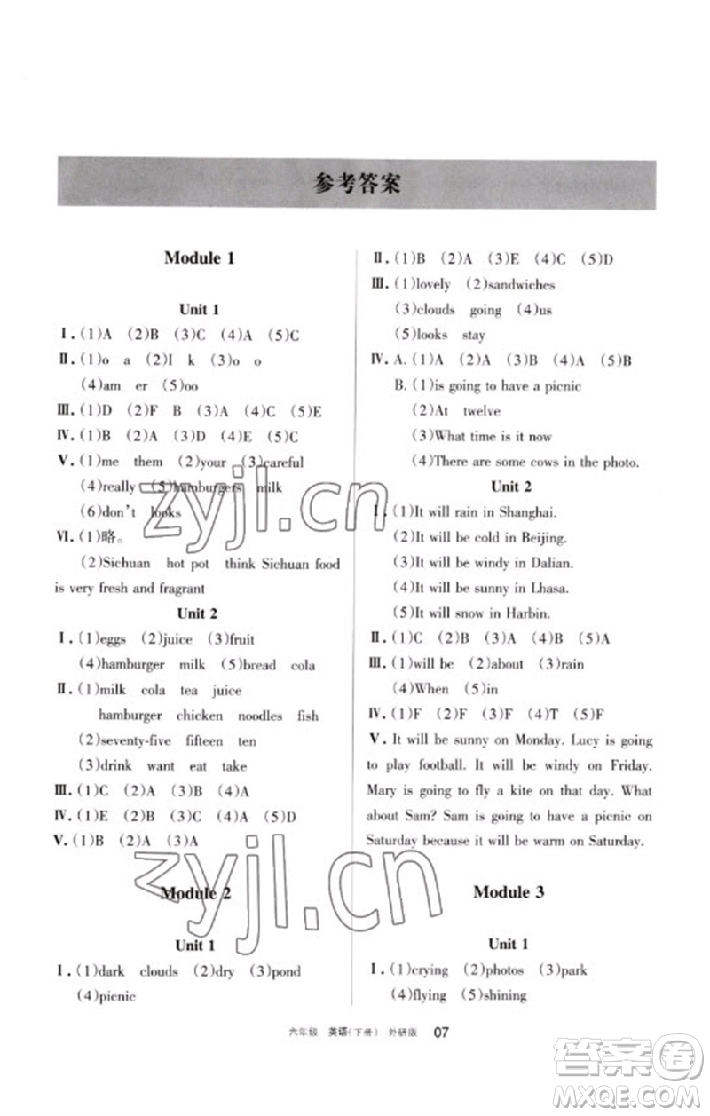 寧夏人民教育出版社2023學(xué)習(xí)之友六年級(jí)英語(yǔ)下冊(cè)外研版參考答案