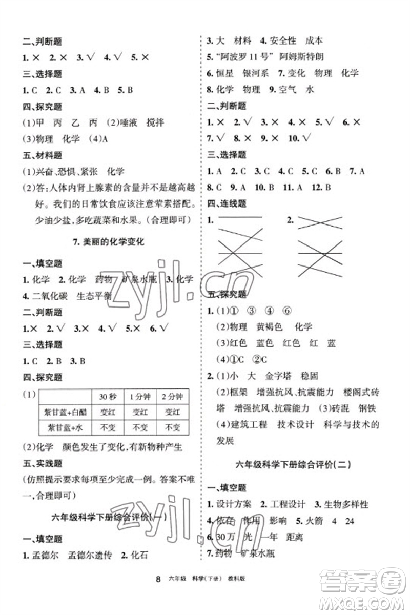 寧夏人民教育出版社2023學(xué)習(xí)之友六年級科學(xué)下冊教科版參考答案