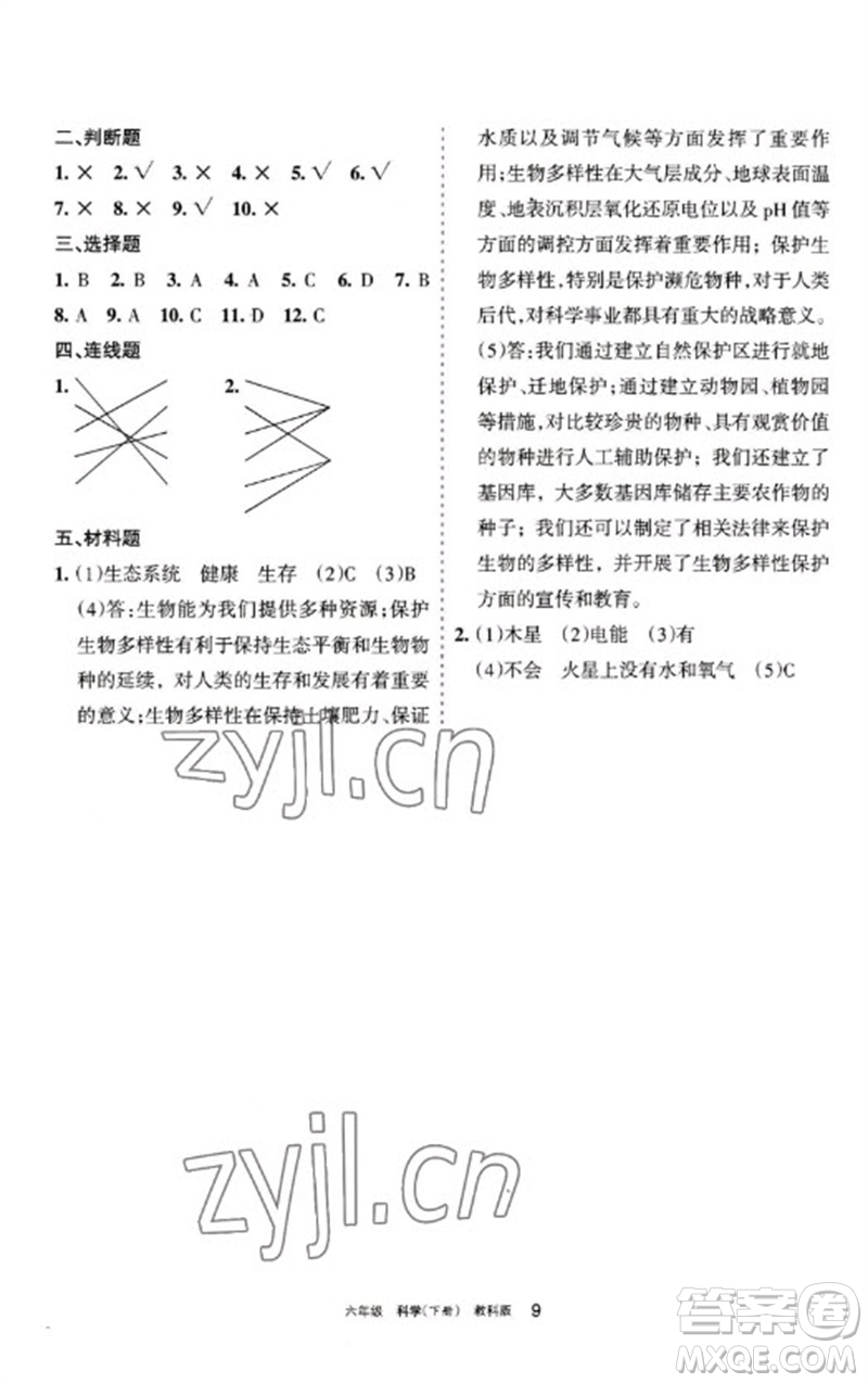 寧夏人民教育出版社2023學(xué)習(xí)之友六年級科學(xué)下冊教科版參考答案