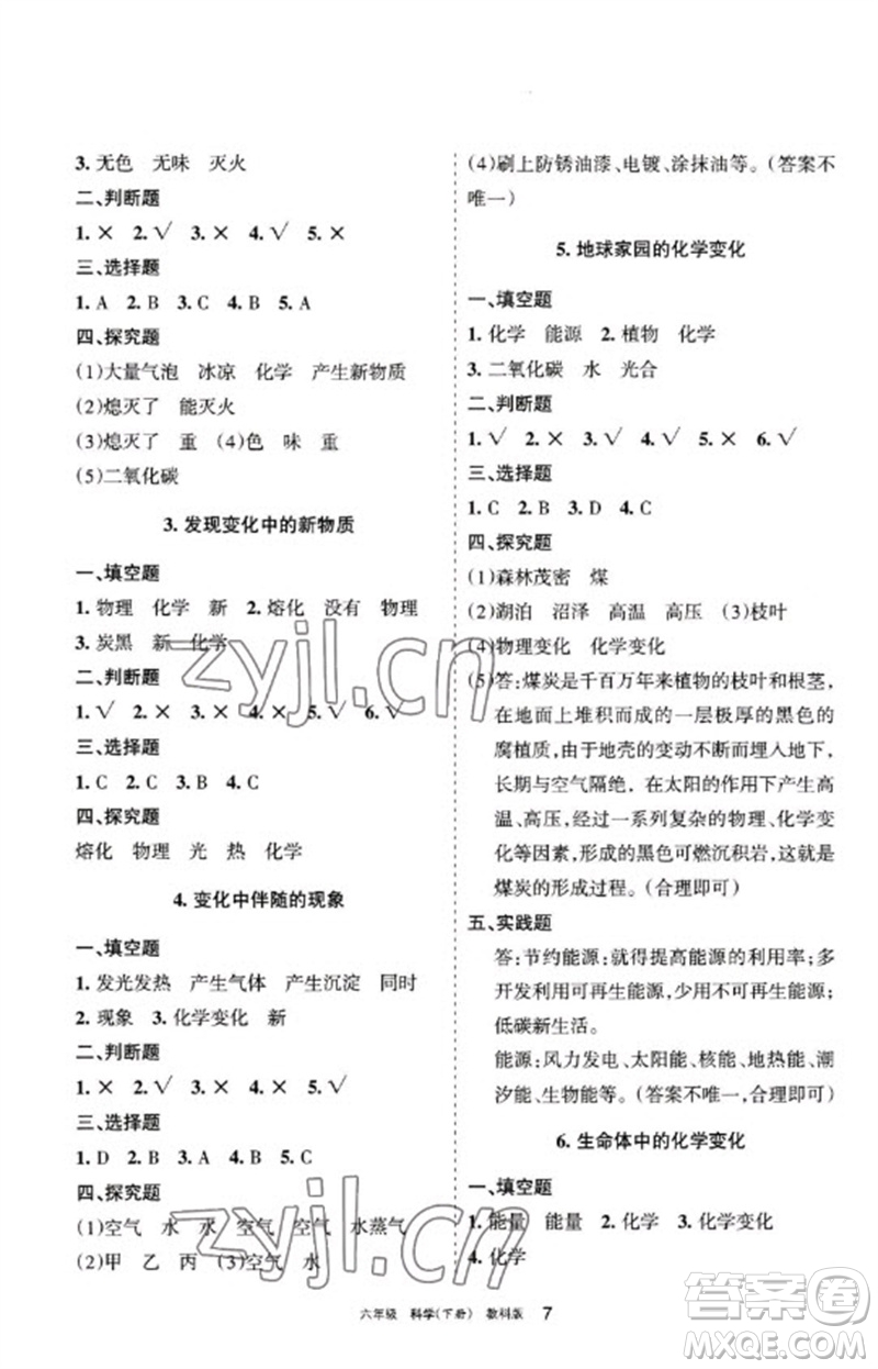 寧夏人民教育出版社2023學(xué)習(xí)之友六年級科學(xué)下冊教科版參考答案