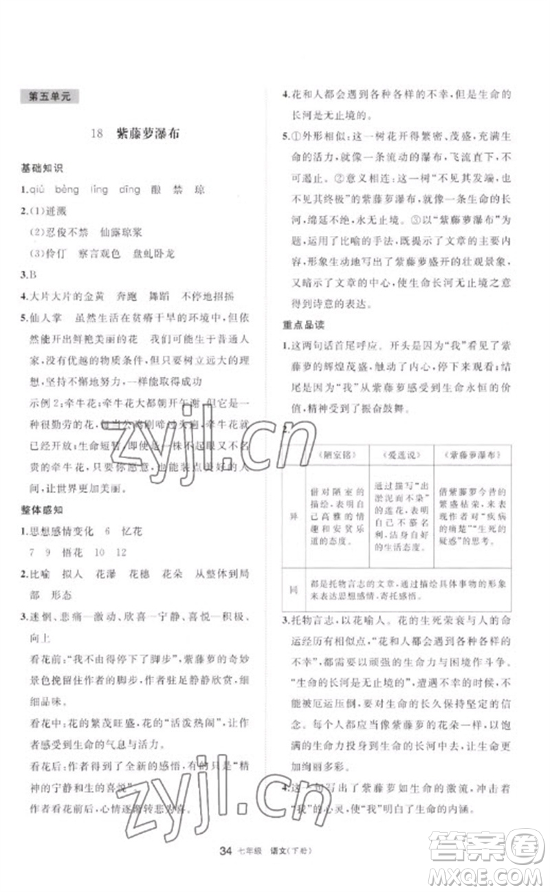 寧夏人民教育出版社2023學(xué)習(xí)之友七年級語文下冊人教版參考答案