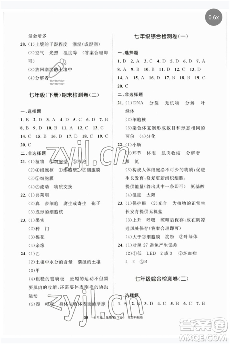 寧夏人民教育出版社2023學(xué)習(xí)之友七年級(jí)生物下冊(cè)蘇科版參考答案