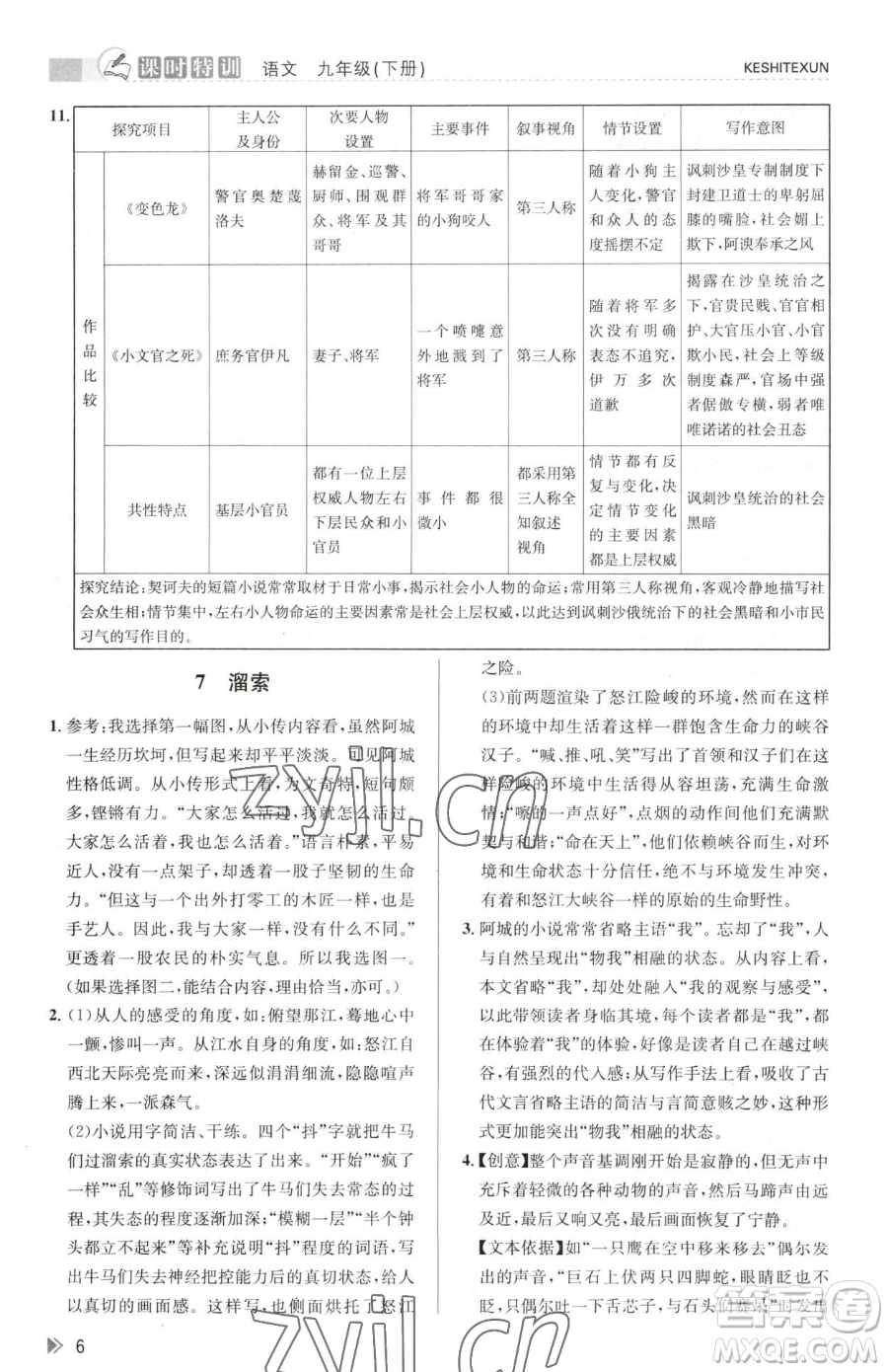 浙江人民出版社2023課時(shí)特訓(xùn)九年級(jí)下冊(cè)語(yǔ)文人教版參考答案