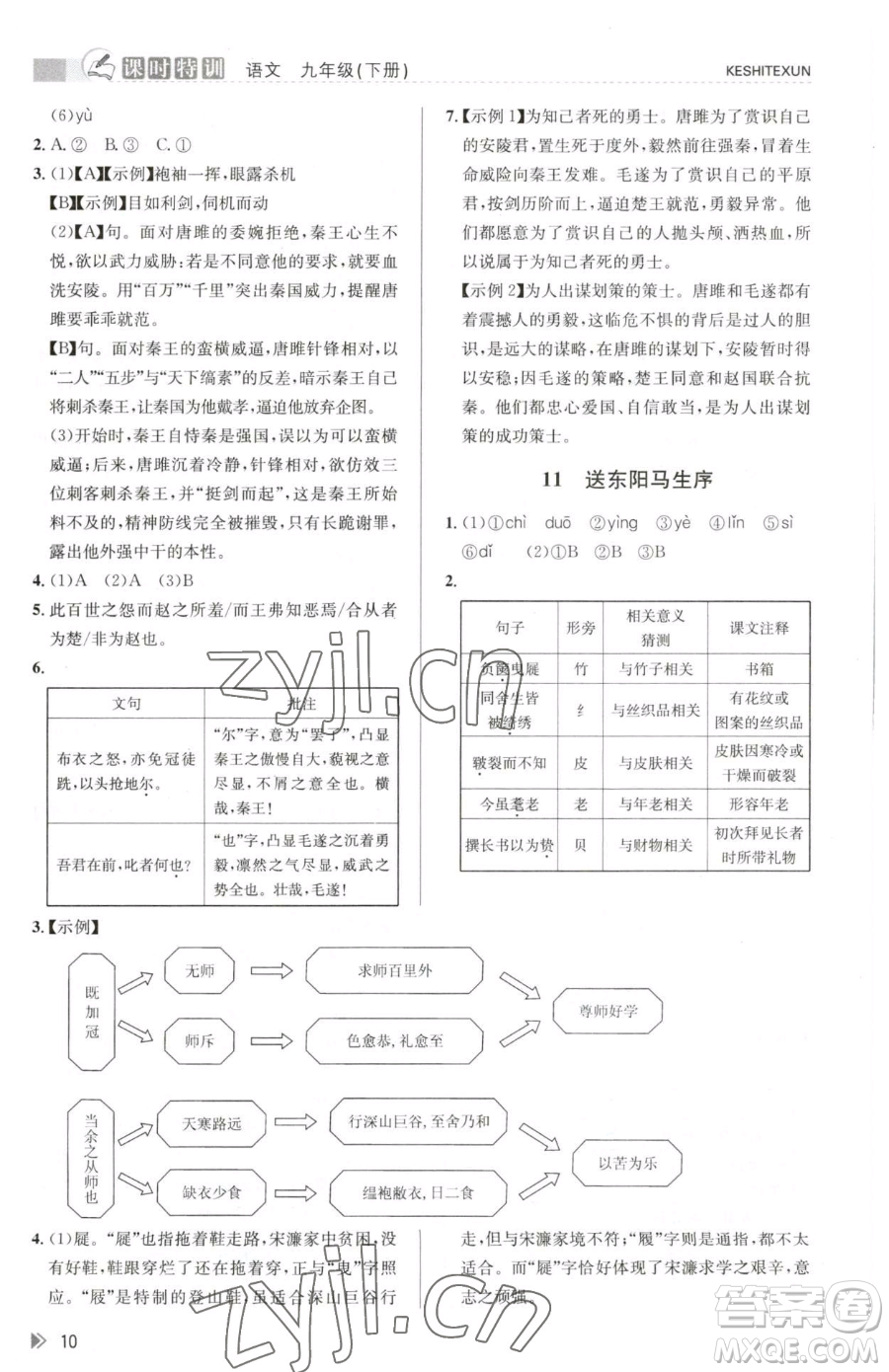 浙江人民出版社2023課時(shí)特訓(xùn)九年級(jí)下冊(cè)語(yǔ)文人教版參考答案