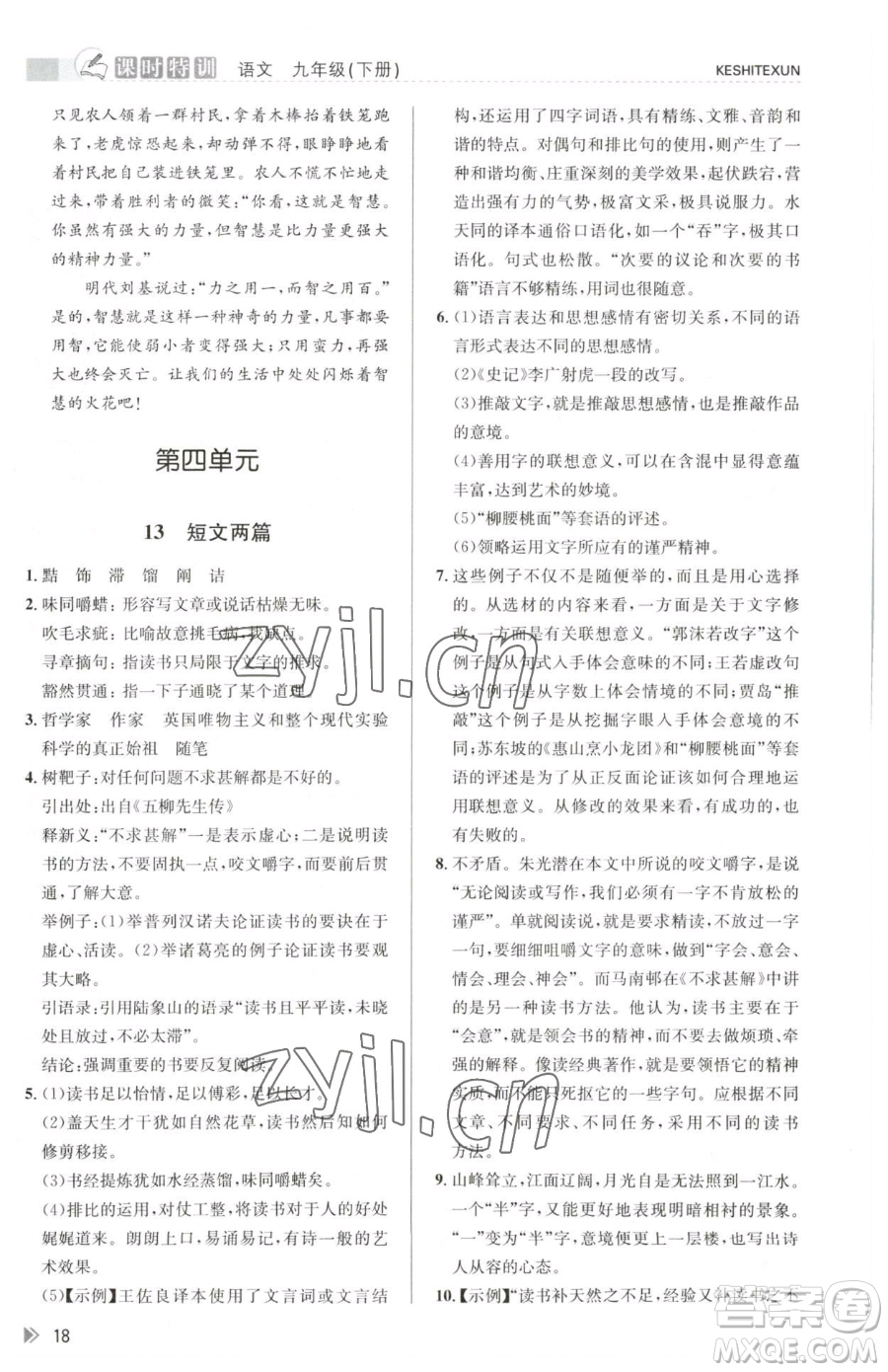 浙江人民出版社2023課時(shí)特訓(xùn)九年級(jí)下冊(cè)語(yǔ)文人教版參考答案