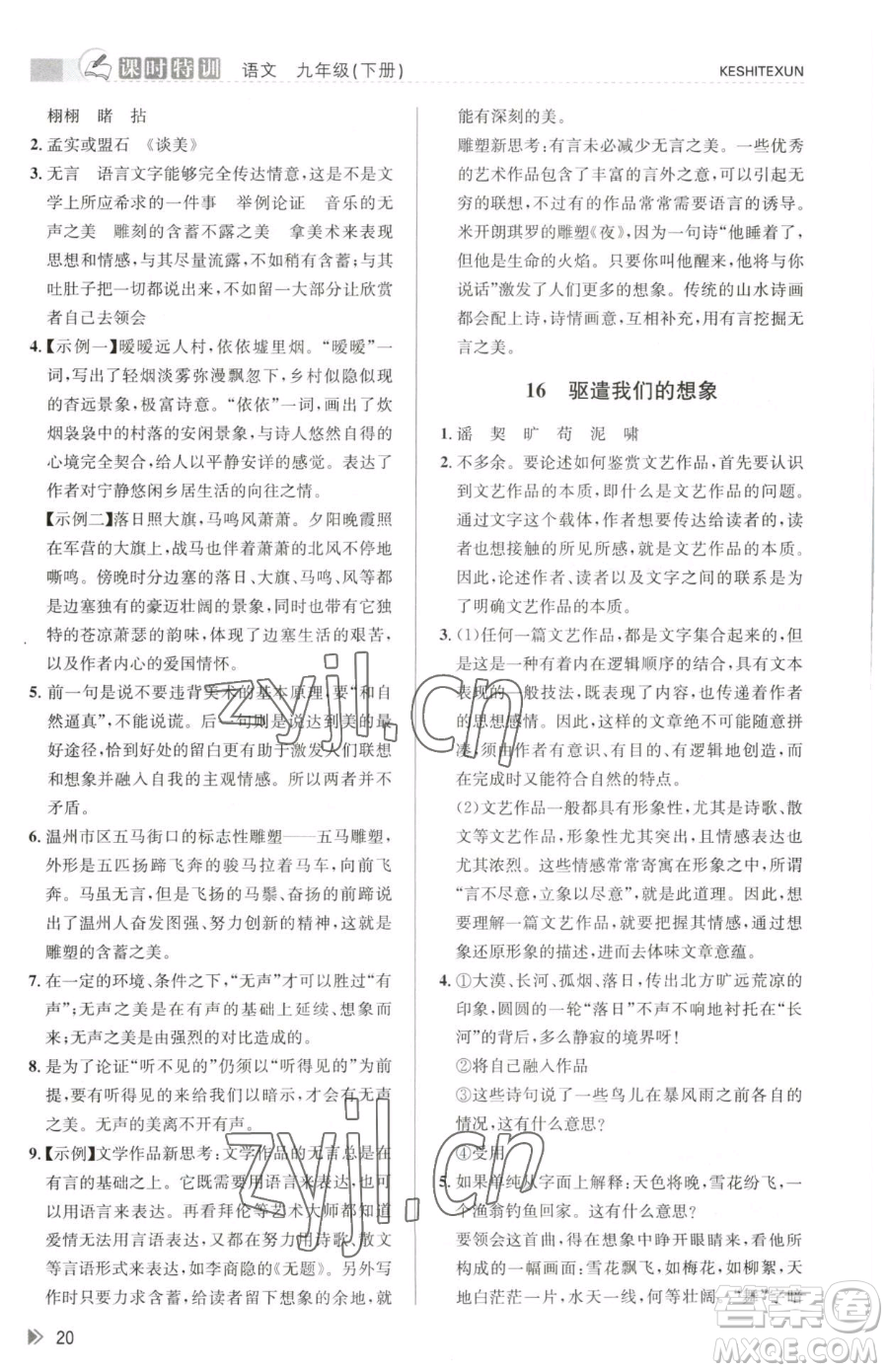 浙江人民出版社2023課時(shí)特訓(xùn)九年級(jí)下冊(cè)語(yǔ)文人教版參考答案