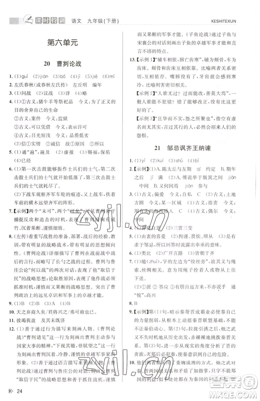 浙江人民出版社2023課時(shí)特訓(xùn)九年級(jí)下冊(cè)語(yǔ)文人教版參考答案