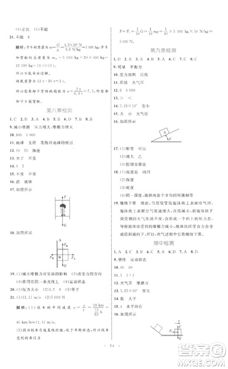 內(nèi)蒙古教育出版社2023初中同步學(xué)習(xí)目標(biāo)與檢測八年級物理下冊人教版參考答案