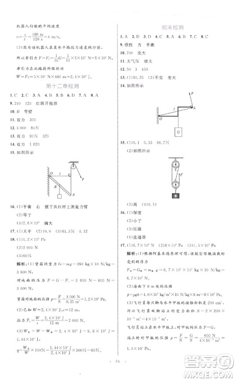 內(nèi)蒙古教育出版社2023初中同步學(xué)習(xí)目標(biāo)與檢測八年級物理下冊人教版參考答案