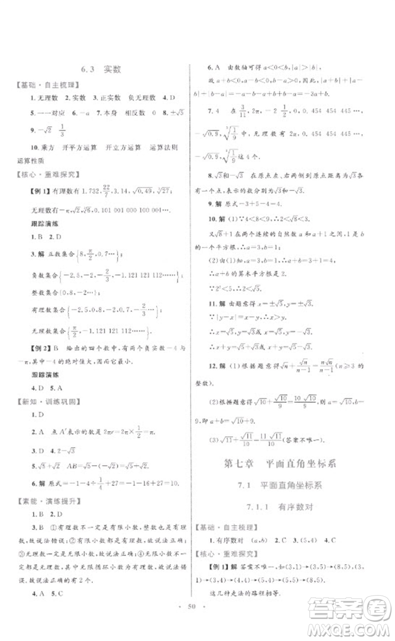 內(nèi)蒙古教育出版社2023初中同步學(xué)習(xí)目標(biāo)與檢測七年級數(shù)學(xué)下冊人教版參考答案