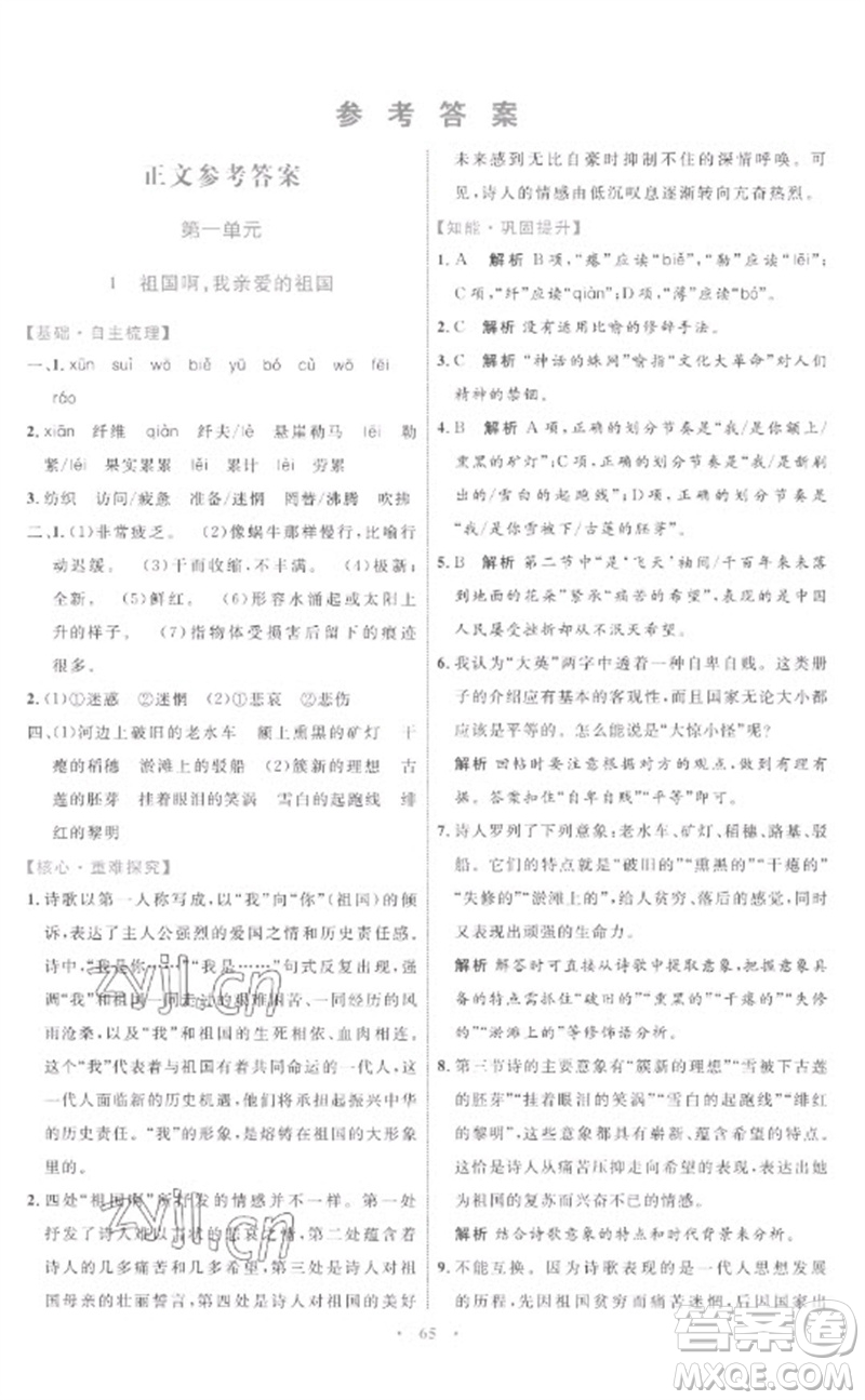 內(nèi)蒙古教育出版社2023初中同步學(xué)習(xí)目標(biāo)與檢測九年級語文下冊人教版參考答案