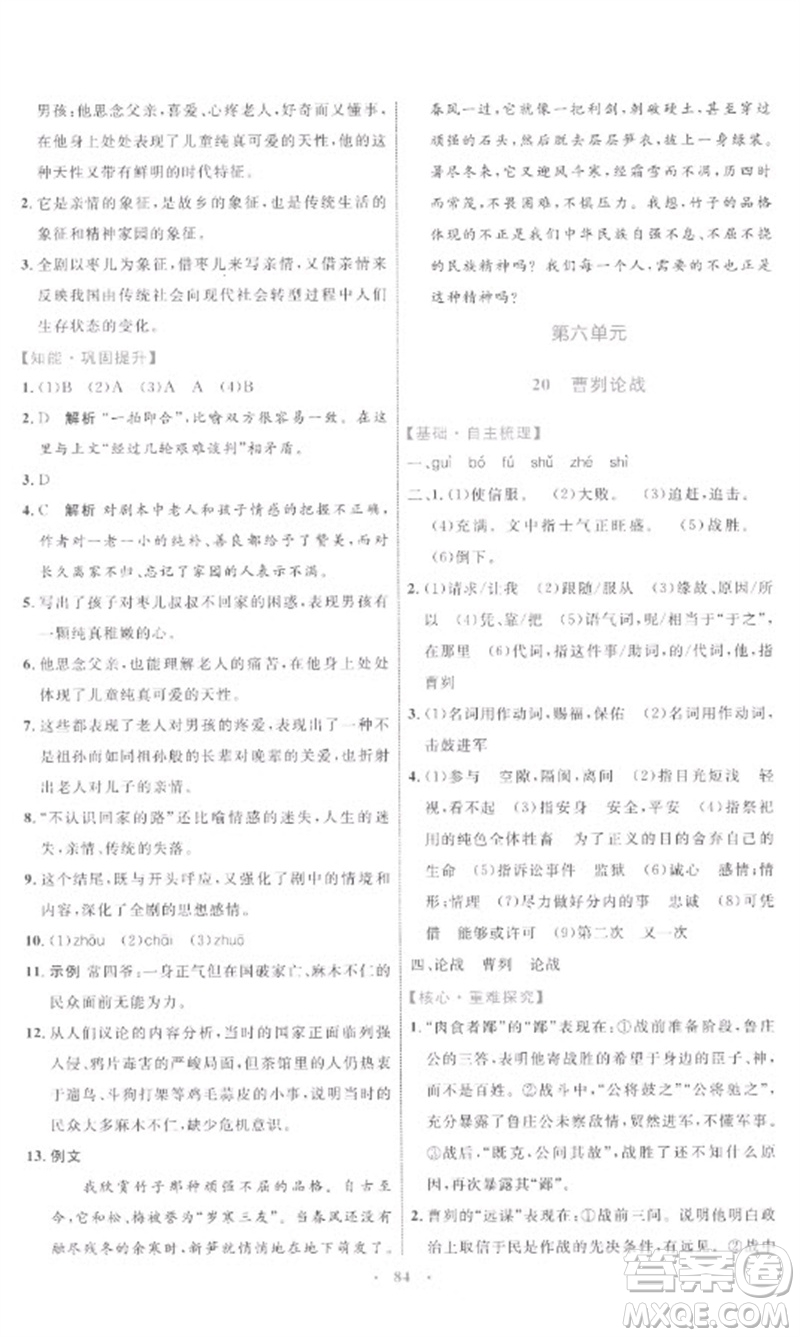 內(nèi)蒙古教育出版社2023初中同步學(xué)習(xí)目標(biāo)與檢測九年級語文下冊人教版參考答案