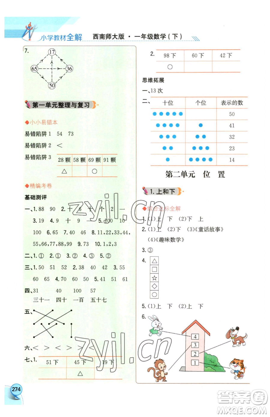 陜西人民教育出版社2023小學(xué)教材全解一年級下冊數(shù)學(xué)西南師大版參考答案