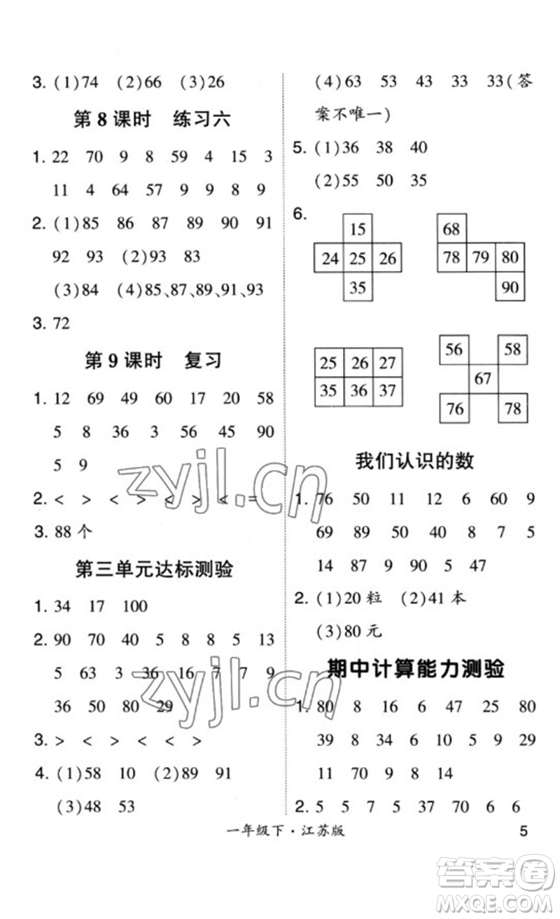 河海大學出版社2023學霸計算小能手一年級數(shù)學下冊蘇教版參考答案