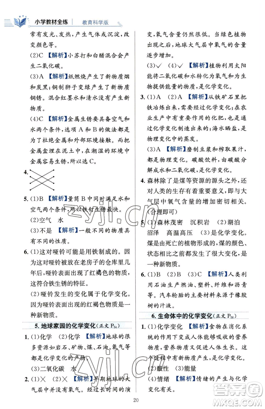 陜西人民教育出版社2023小學(xué)教材全練六年級(jí)下冊(cè)科學(xué)教科版參考答案