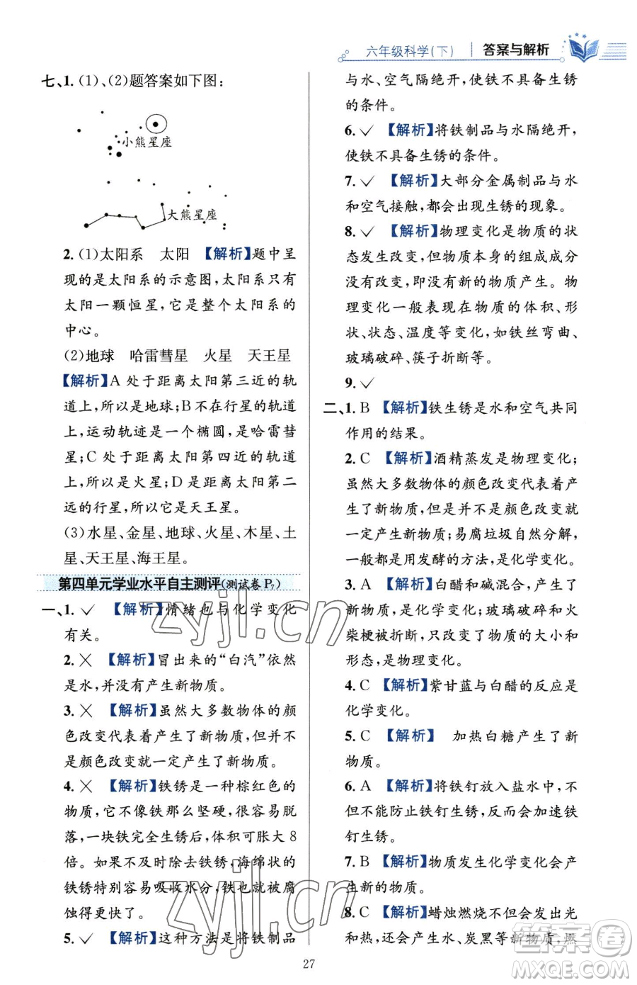 陜西人民教育出版社2023小學(xué)教材全練六年級(jí)下冊(cè)科學(xué)教科版參考答案