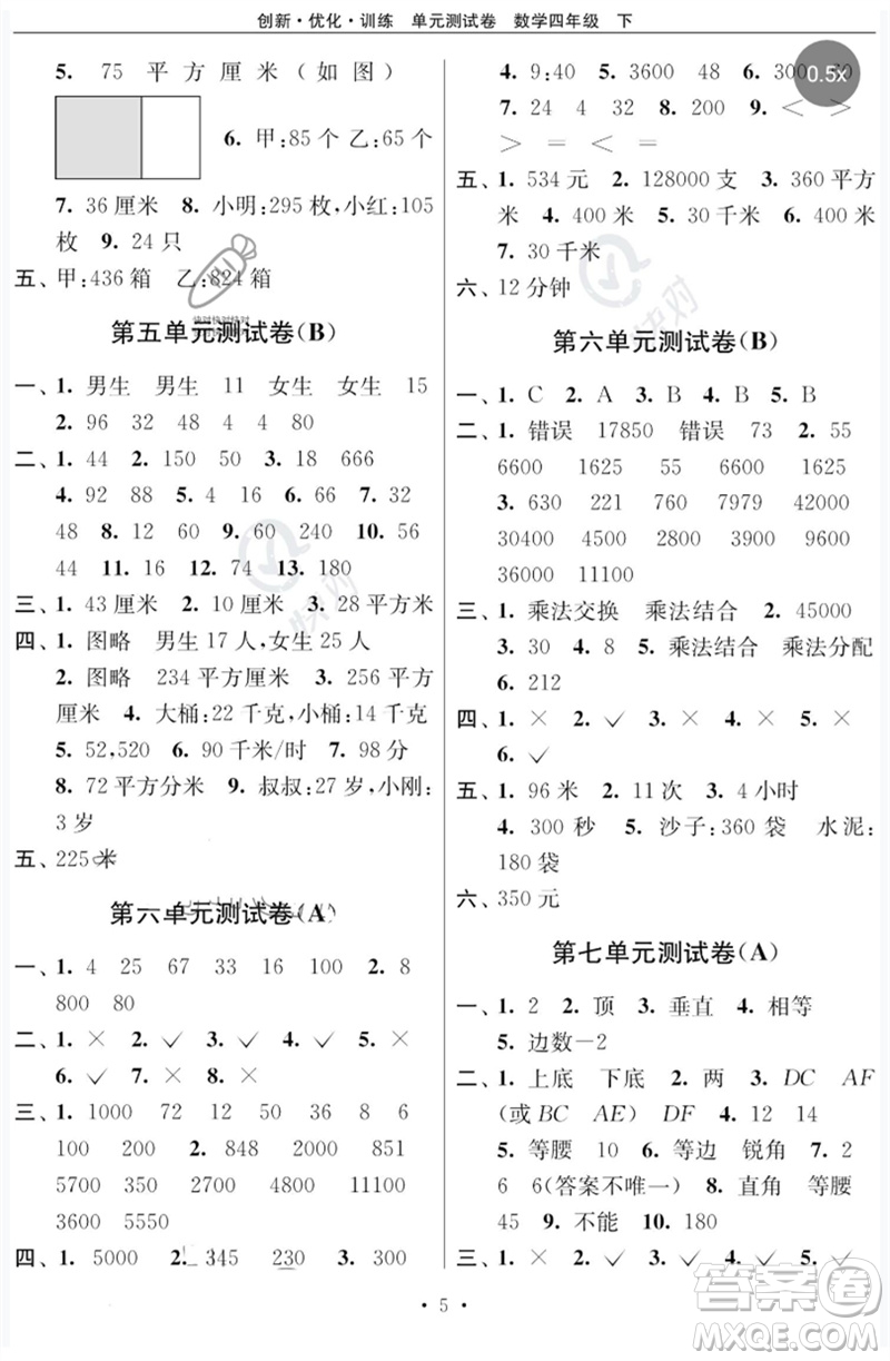 江蘇鳳凰美術(shù)出版社2023創(chuàng)新優(yōu)化訓練單元測試卷四年級數(shù)學下冊蘇教版參考答案