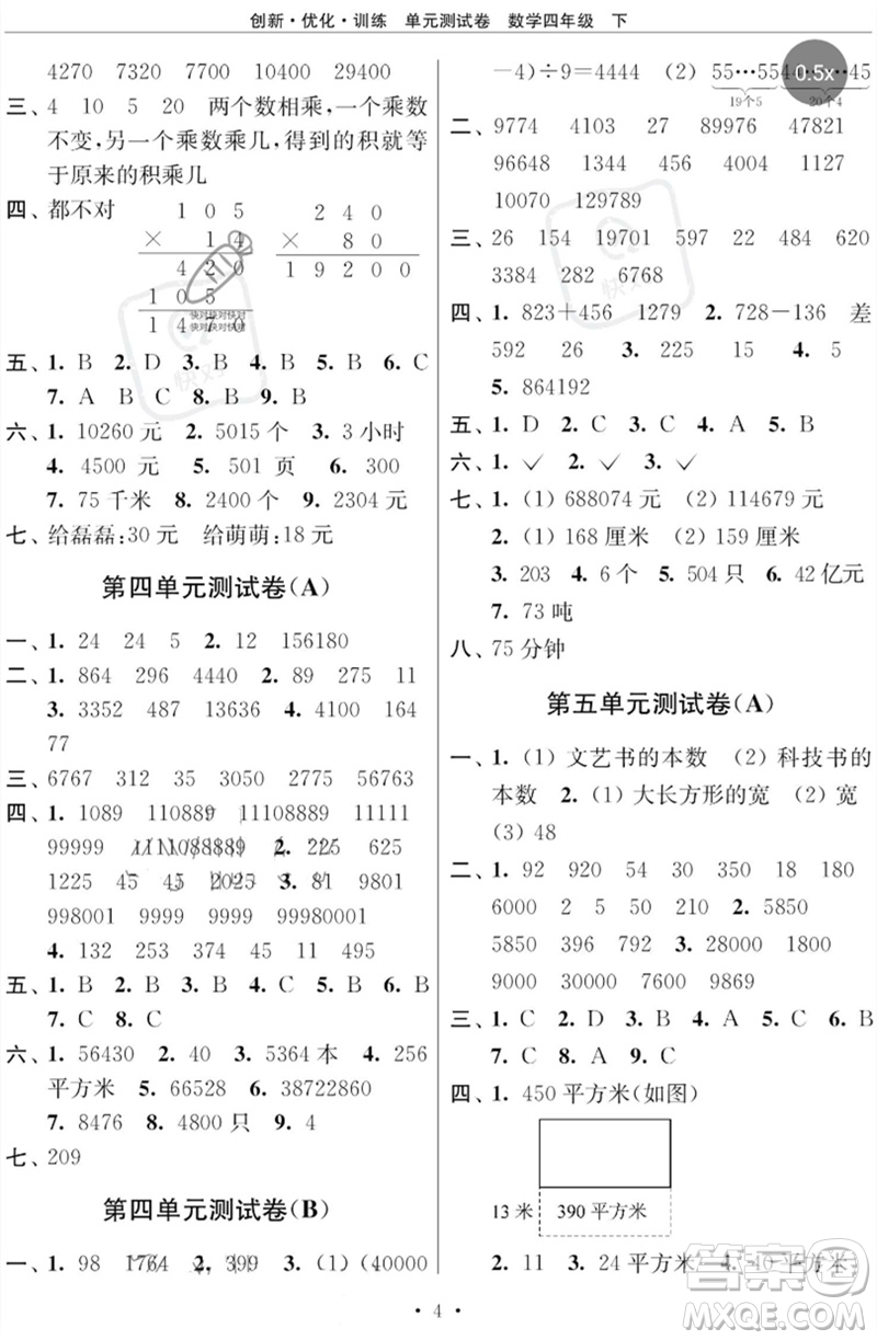 江蘇鳳凰美術(shù)出版社2023創(chuàng)新優(yōu)化訓練單元測試卷四年級數(shù)學下冊蘇教版參考答案