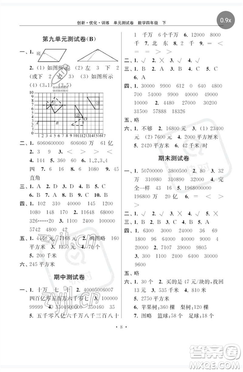 江蘇鳳凰美術(shù)出版社2023創(chuàng)新優(yōu)化訓練單元測試卷四年級數(shù)學下冊蘇教版參考答案