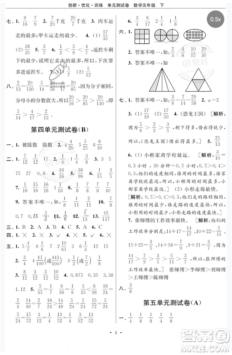 江蘇鳳凰美術(shù)出版社2023創(chuàng)新優(yōu)化訓(xùn)練單元測試卷五年級數(shù)學(xué)下冊蘇教版參考答案