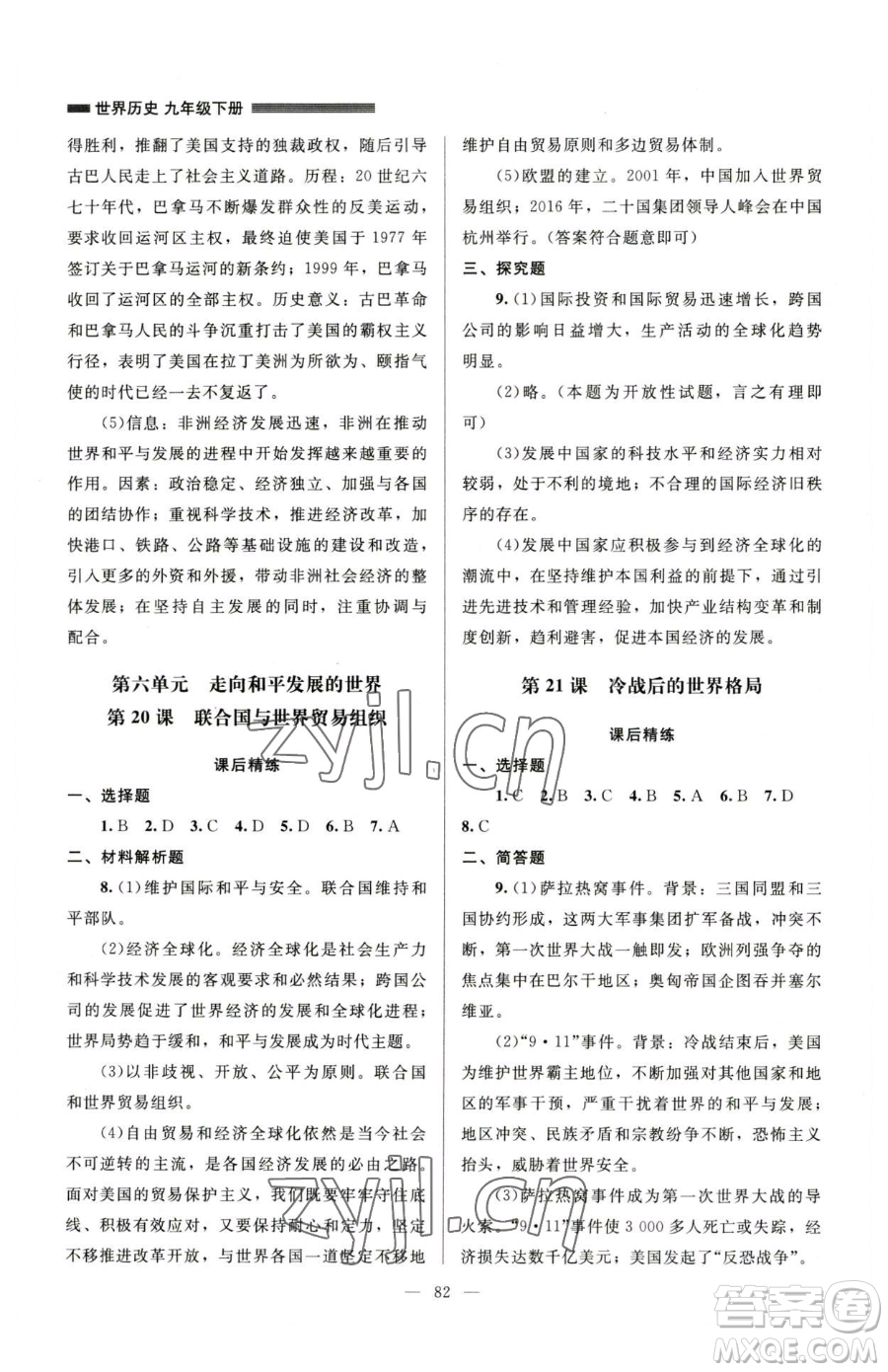 北京師范大學(xué)出版社2023課堂精練九年級下冊歷史人教版山西專版參考答案