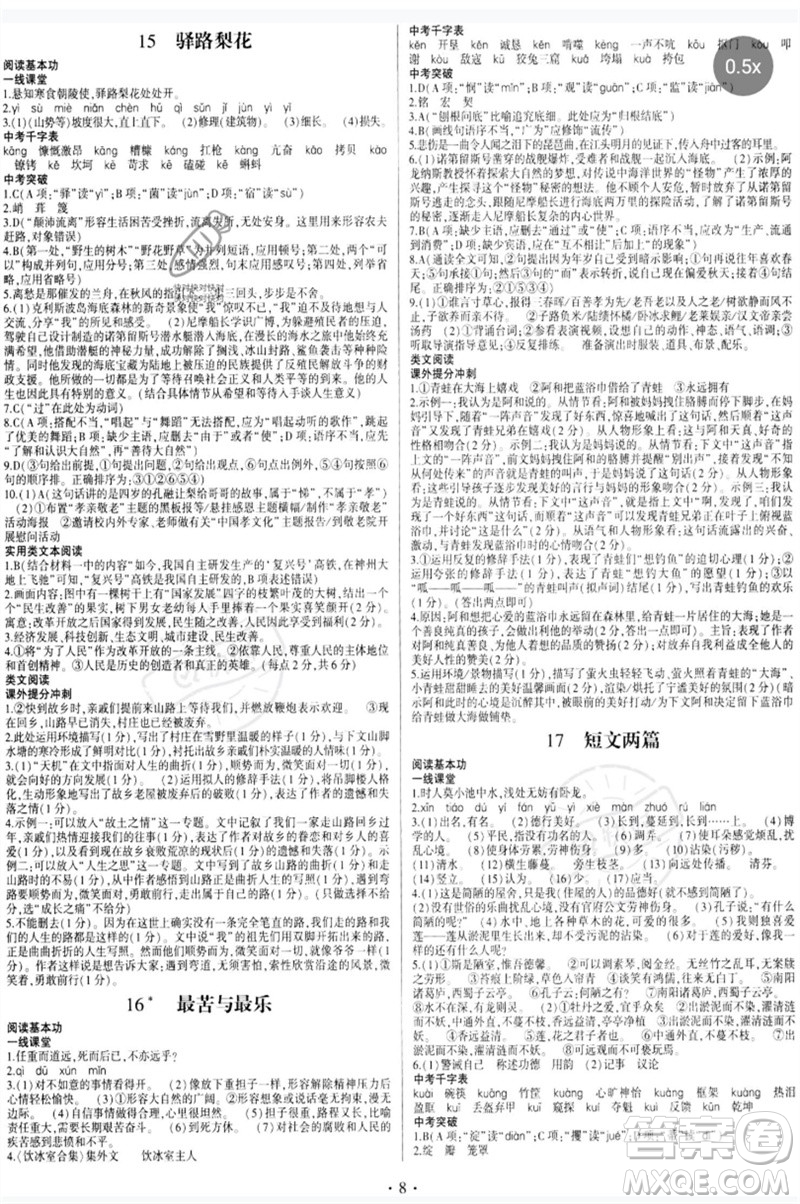 四川民族出版社2023同步寶典1線超越七年級(jí)語(yǔ)文下冊(cè)人教版參考答案