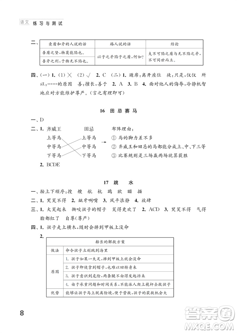 江蘇鳳凰教育出版社2023練習(xí)與測試小學(xué)語文五年級下冊人教版參考答案