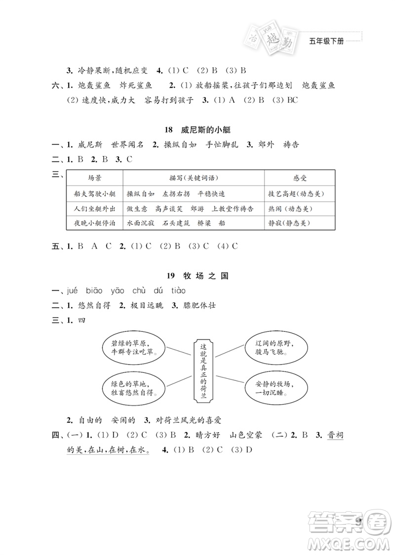 江蘇鳳凰教育出版社2023練習(xí)與測試小學(xué)語文五年級下冊人教版參考答案