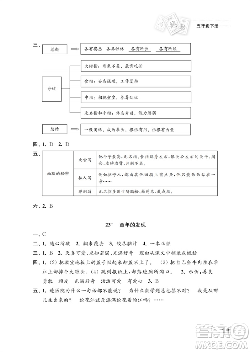 江蘇鳳凰教育出版社2023練習(xí)與測試小學(xué)語文五年級下冊人教版參考答案