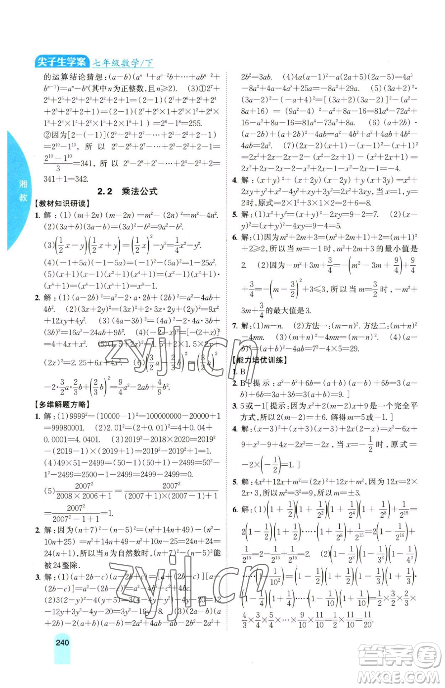 吉林人民出版社2023尖子生學(xué)案七年級(jí)下冊(cè)數(shù)學(xué)湘教版參考答案