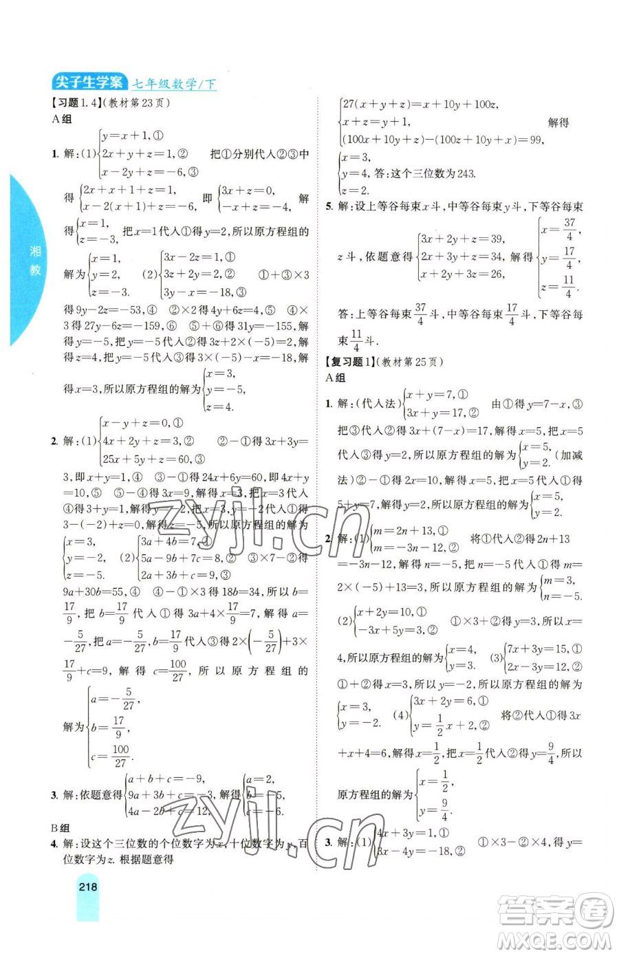 吉林人民出版社2023尖子生學(xué)案七年級(jí)下冊(cè)數(shù)學(xué)湘教版參考答案