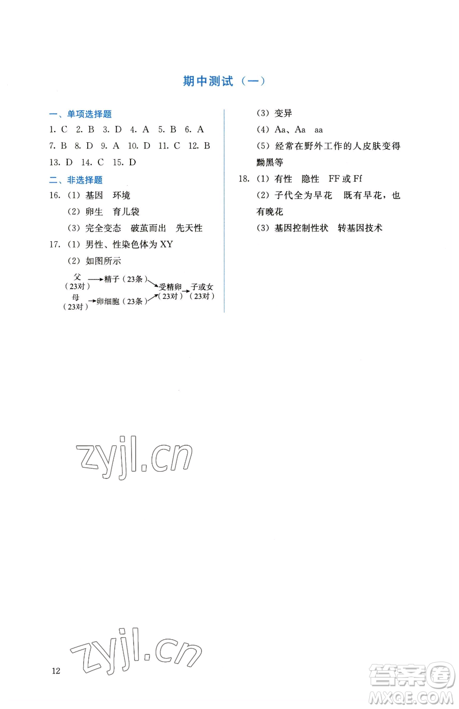 人民教育出版社2023同步解析與測評八年級下冊生物學(xué)人教版參考答案