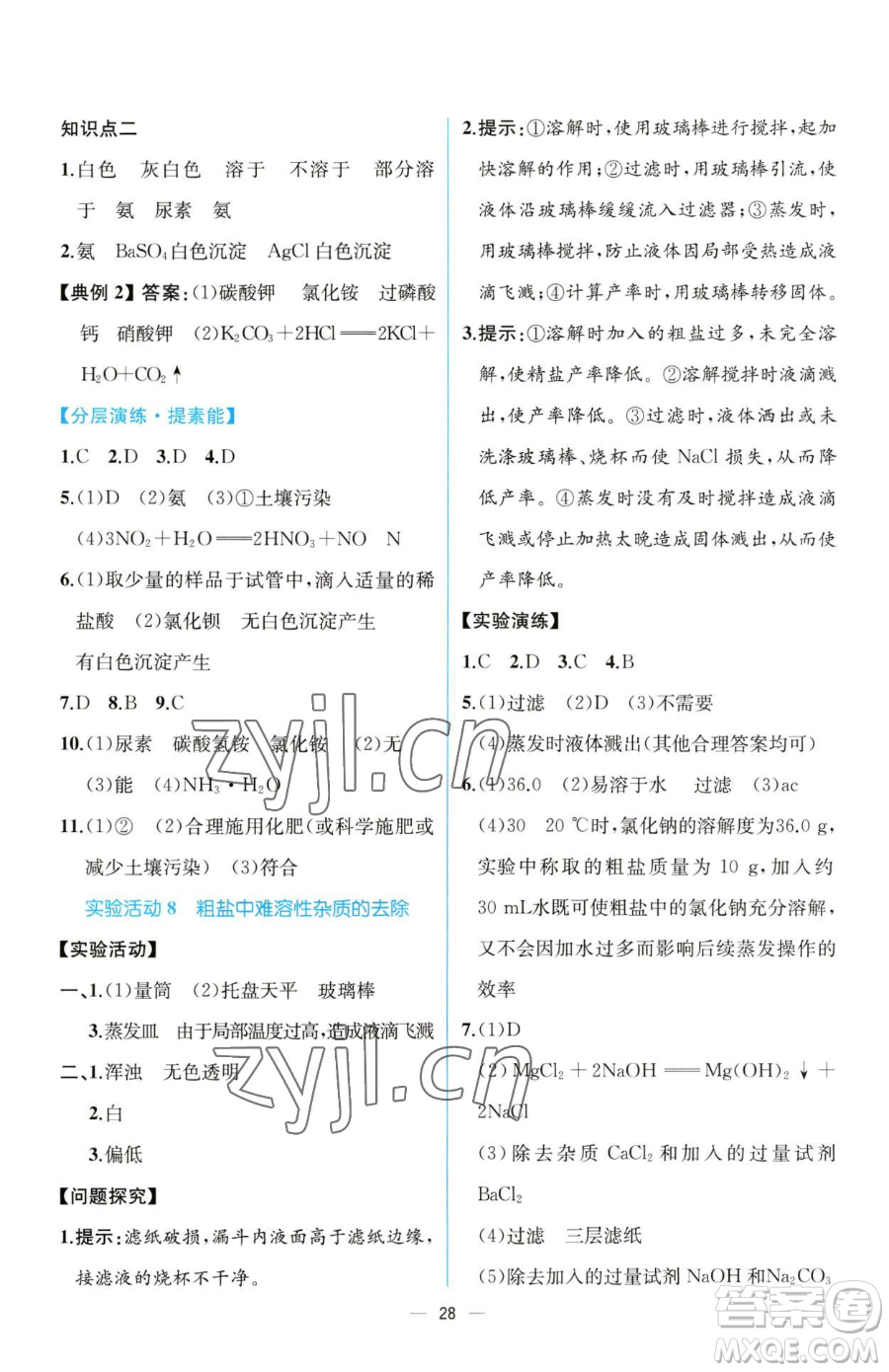 人民教育出版社2023同步解析與測評九年級下冊化學人教版云南專版參考答案