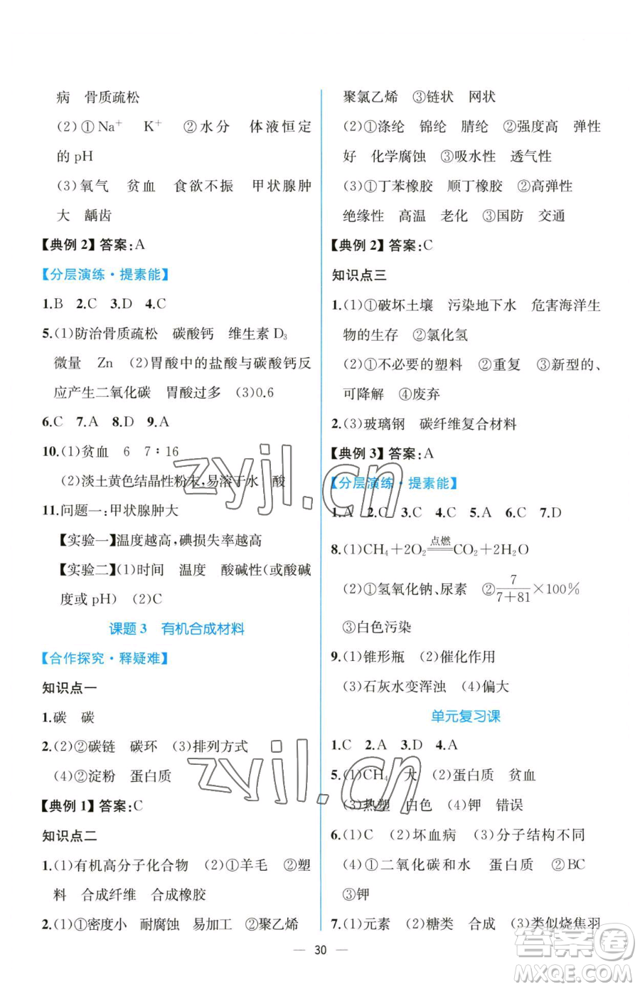 人民教育出版社2023同步解析與測評九年級下冊化學人教版云南專版參考答案