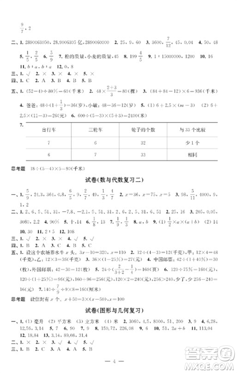 江蘇鳳凰教育出版社2023練習與測試檢測卷小學數(shù)學六年級下冊蘇教版參考答案