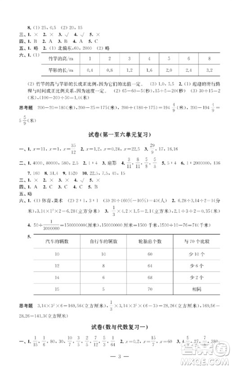 江蘇鳳凰教育出版社2023練習與測試檢測卷小學數(shù)學六年級下冊蘇教版參考答案