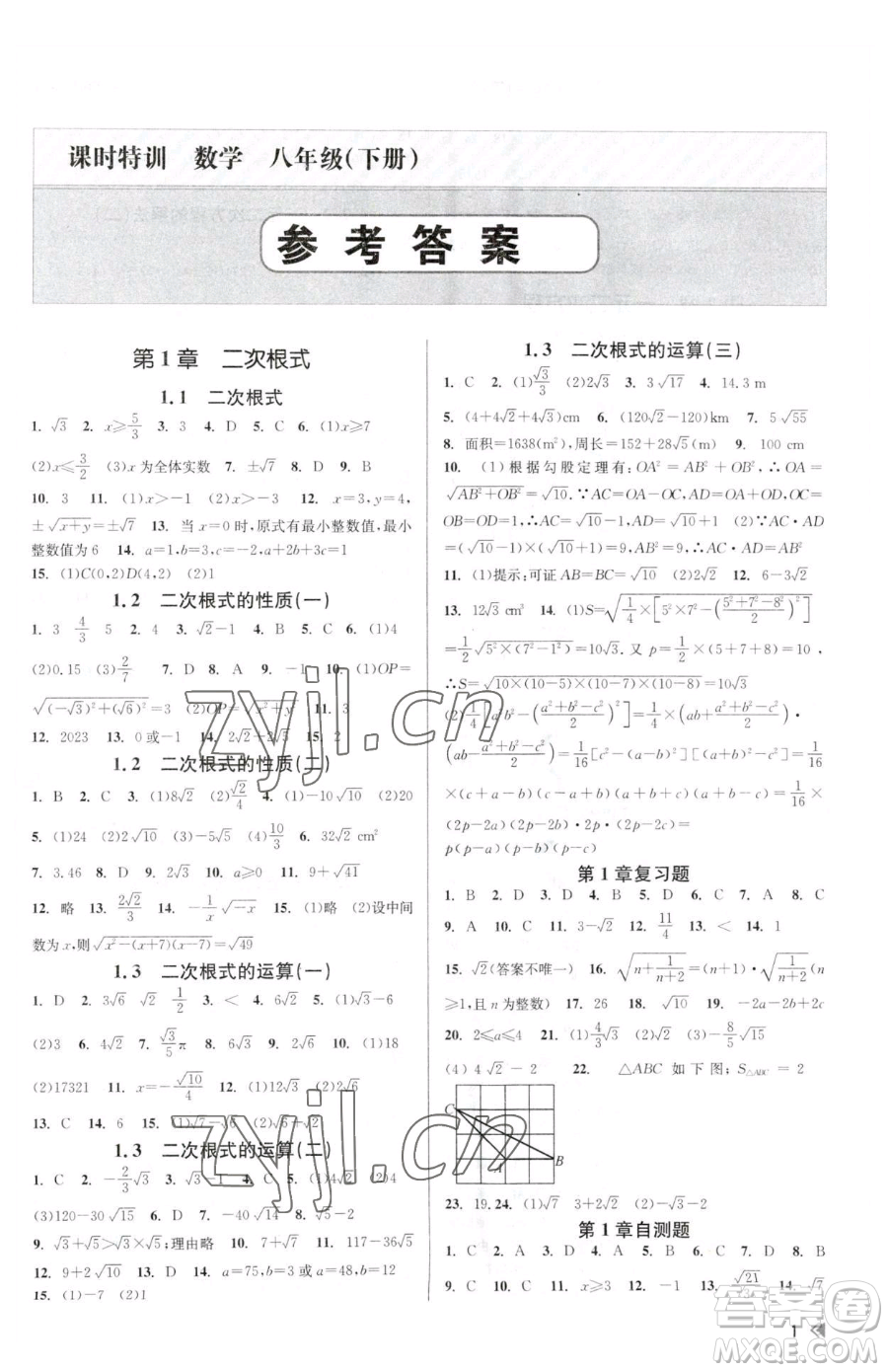 浙江人民出版社2023課時(shí)特訓(xùn)八年級(jí)下冊(cè)數(shù)學(xué)浙教版參考答案