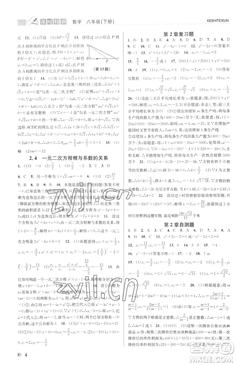 浙江人民出版社2023課時(shí)特訓(xùn)八年級(jí)下冊(cè)數(shù)學(xué)浙教版參考答案