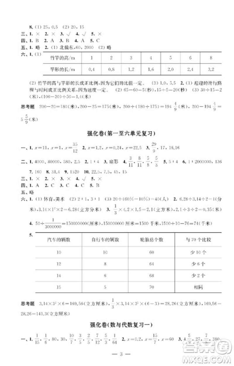 江蘇鳳凰教育出版社2023小學數(shù)學強化拓展卷六年級下冊蘇教版提升版參考答案