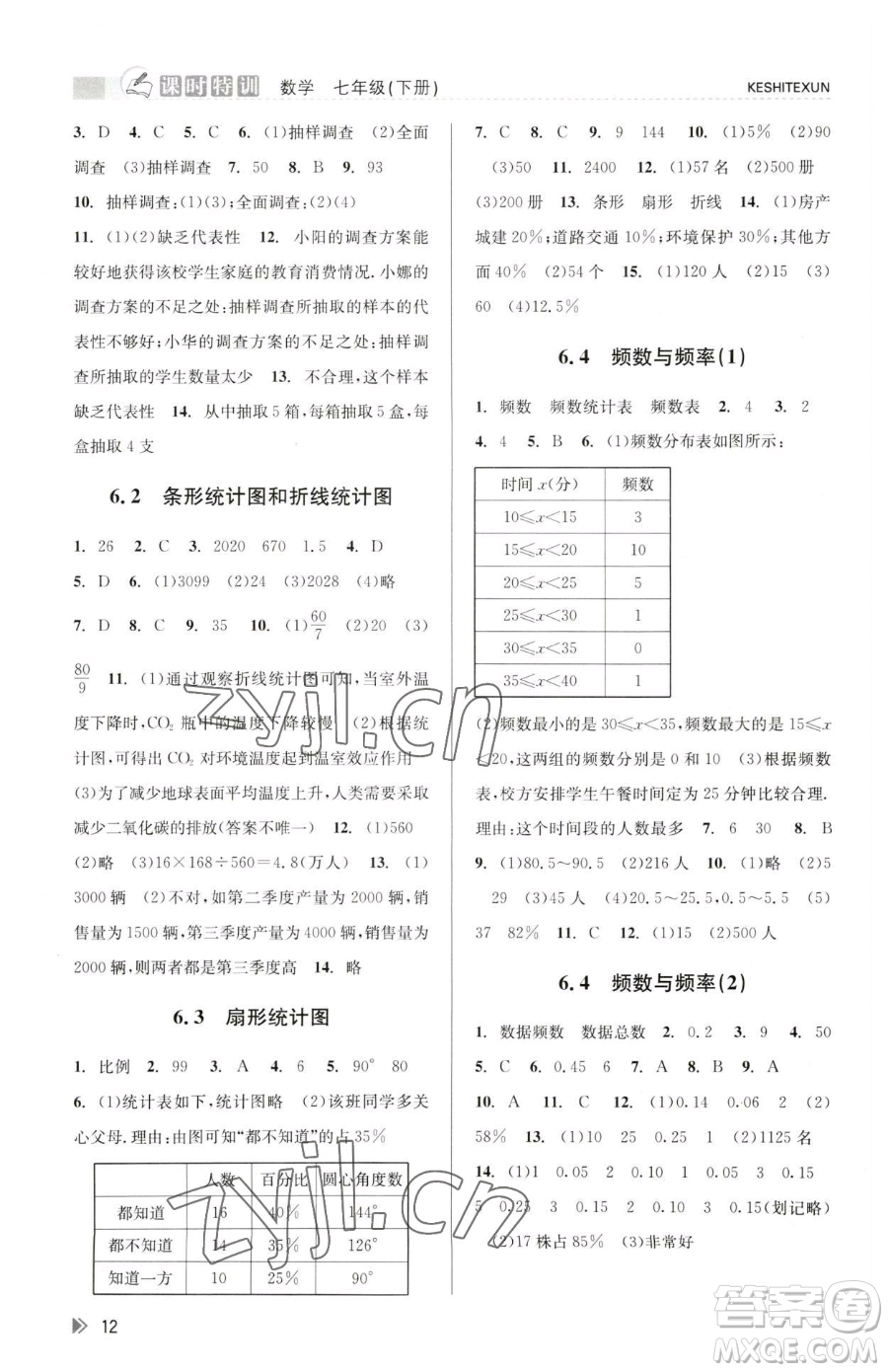 浙江人民出版社2023課時(shí)特訓(xùn)七年級(jí)下冊(cè)數(shù)學(xué)浙教版參考答案